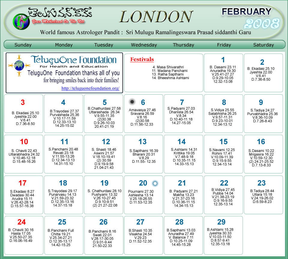 London Telugu Calendar 2009