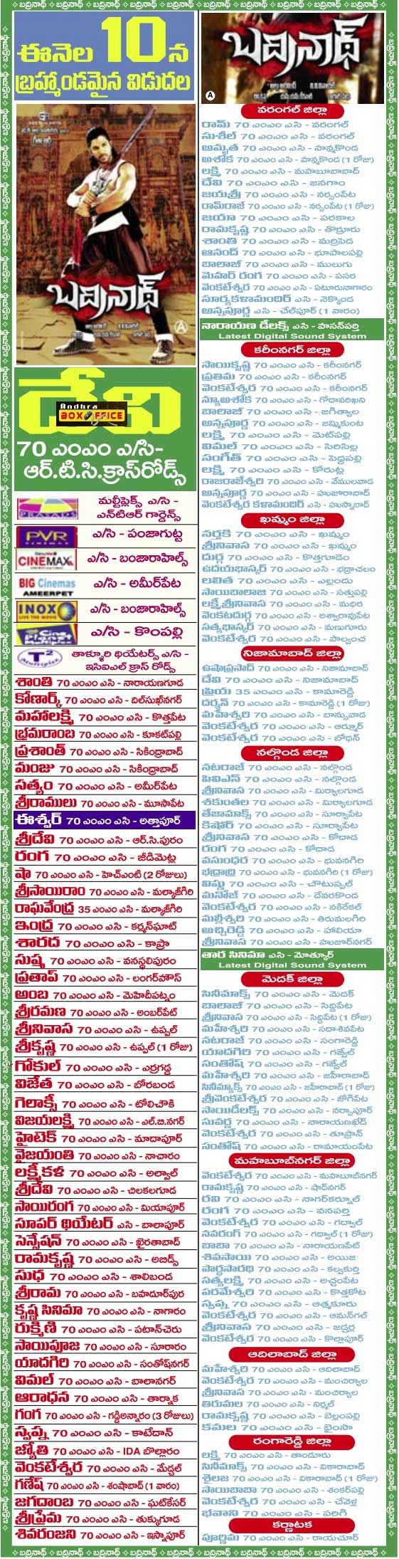 Badrianth Theaters,Badrianth Theaters list, Badrianth movie Theaters, Badrianth movie Theaters list, all arjun badrinath theaters, all arjun badrinath theaters list